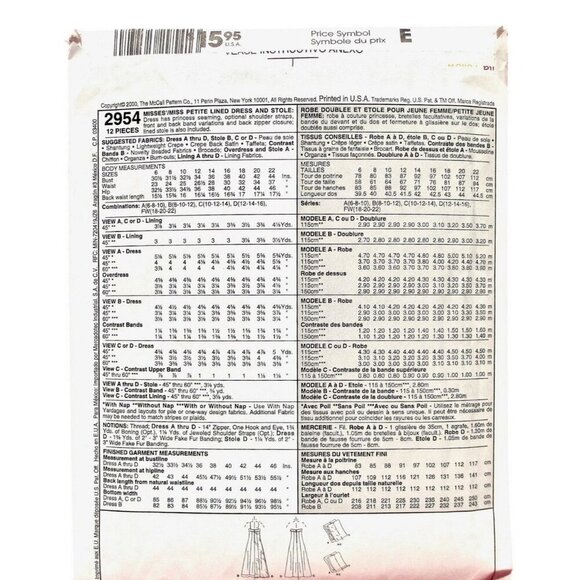 McCalls 2954 Evening Elegance Sewing Pattern Size A 6-10 Formal Dresses & Stole - Picture 2 of 2